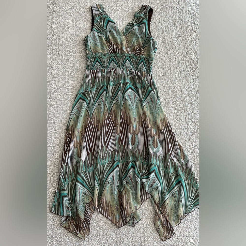 Dressbarn Retro Print Flutter Hem Midi Dress Green Brown Mermaid Fairy Size 10